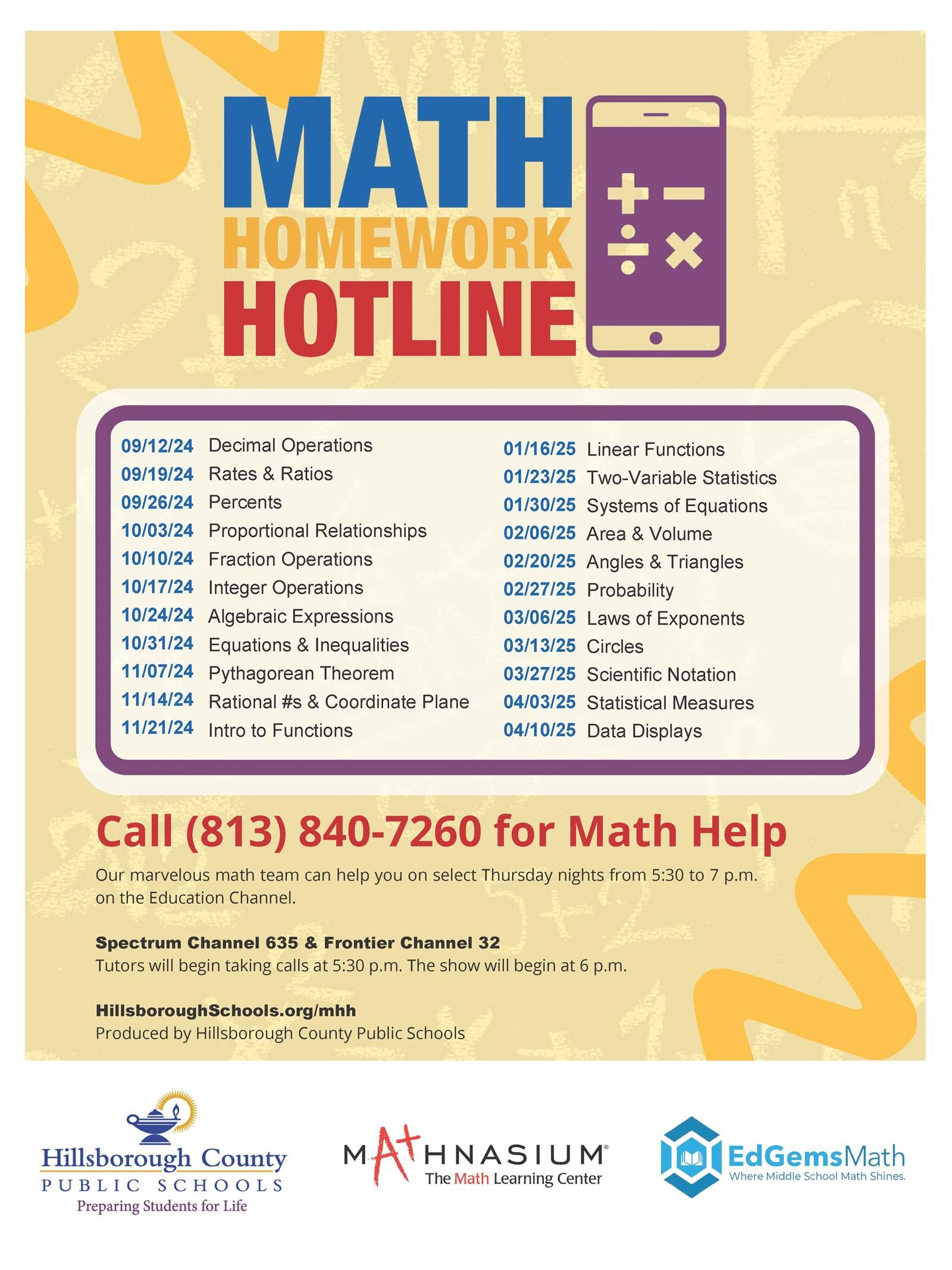 Math Homework Hotline Schedule in printable PDF format